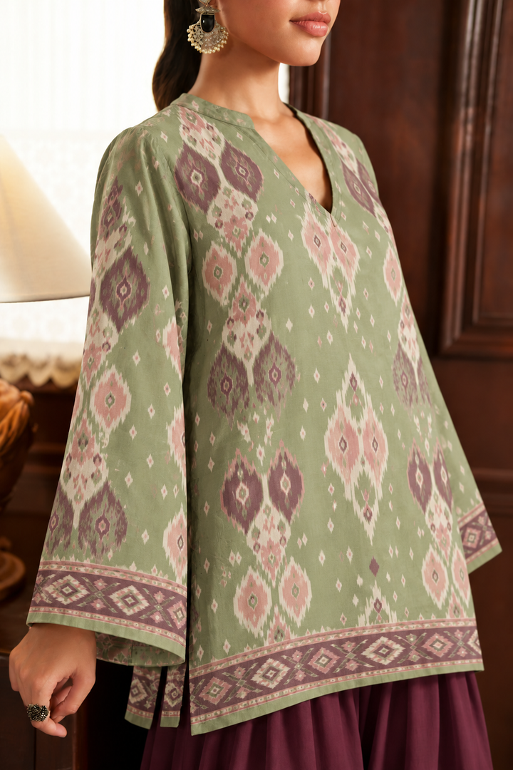 Sage Mauve Ikat Palazzo Farsi Salwar close-up view