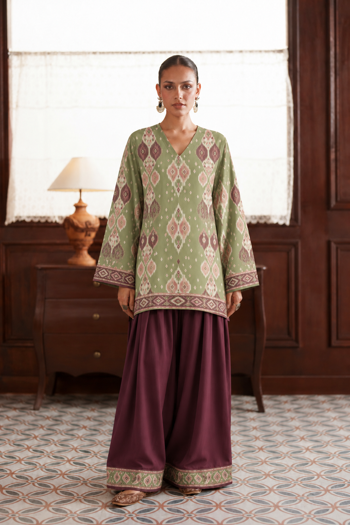 Sage Mauve Ikat Palazzo Farsi Salwar front view