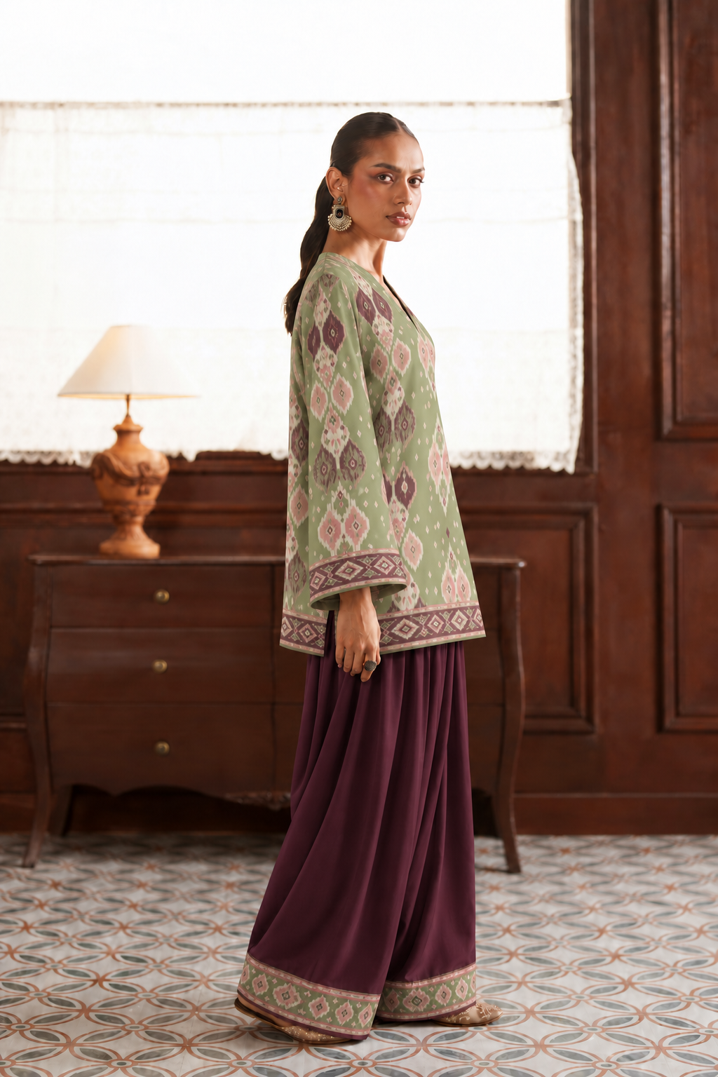 Sage Mauve Ikat Palazzo Farsi Salwar side view