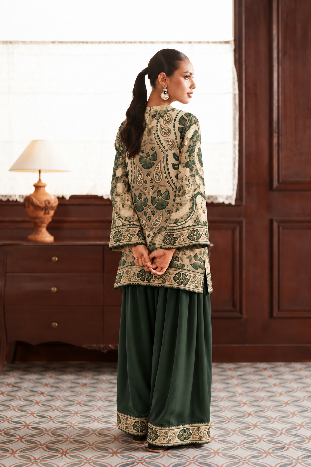 Emerald Botanical Palazzo Farsi Salwar back view