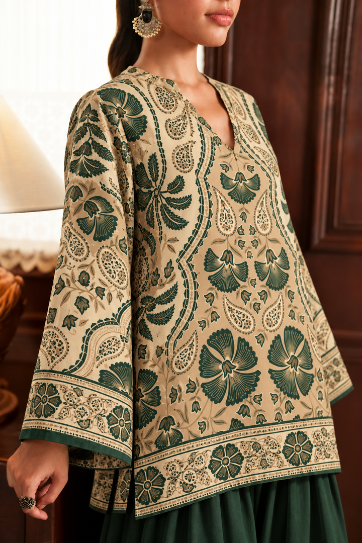 Emerald Botanical Palazzo Farsi Salwar close-up view