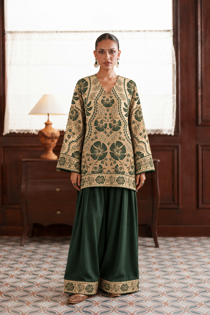 Emerald Botanical Palazzo Farsi Salwar front view