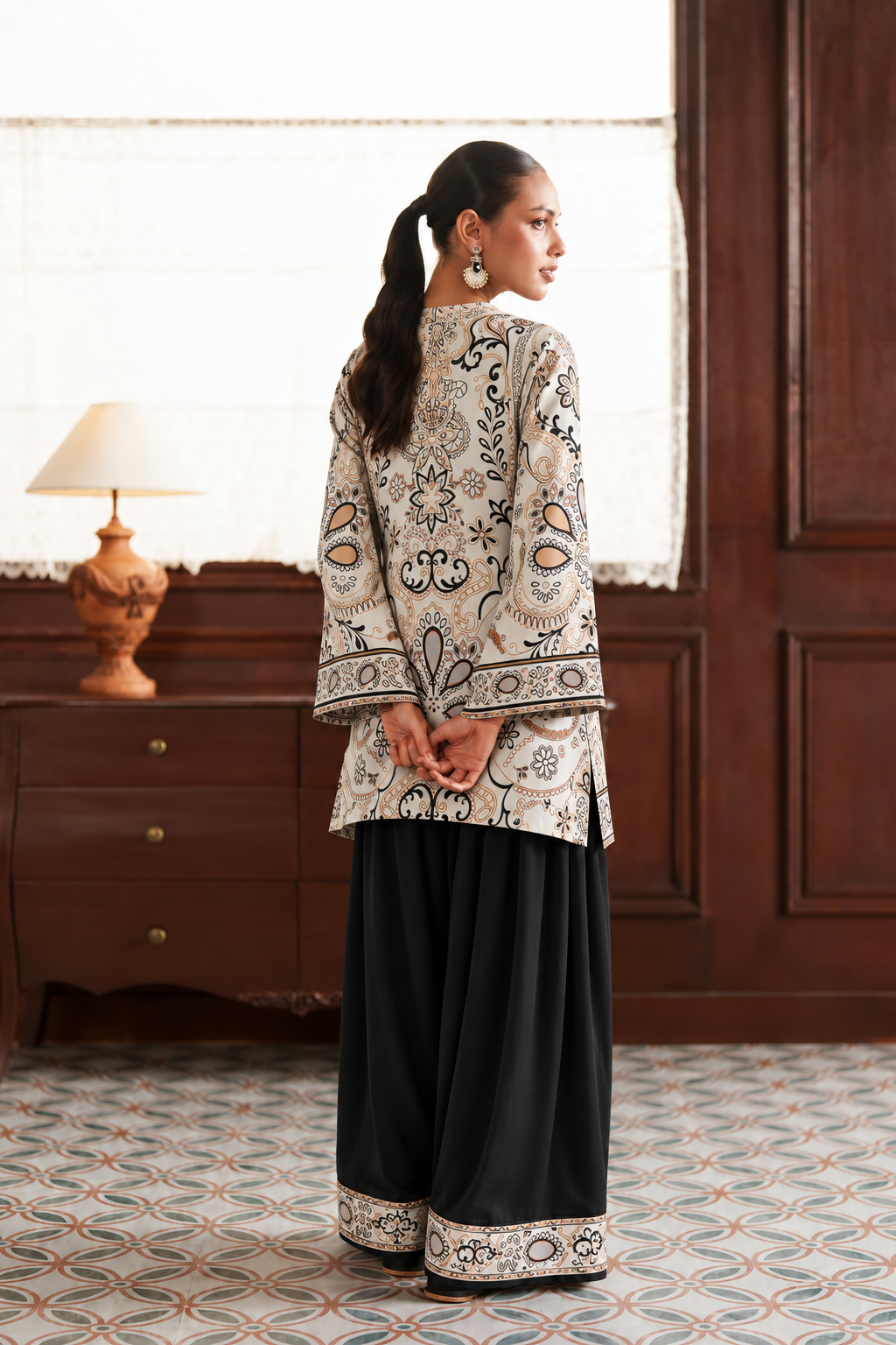 Ivory Black Floral Palazzo Farsi Salwar back view