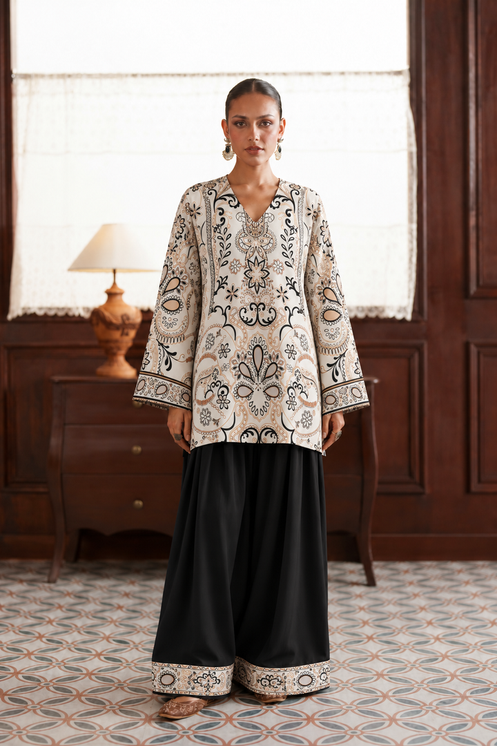 Ivory Black Floral Palazzo Farsi Salwar front view