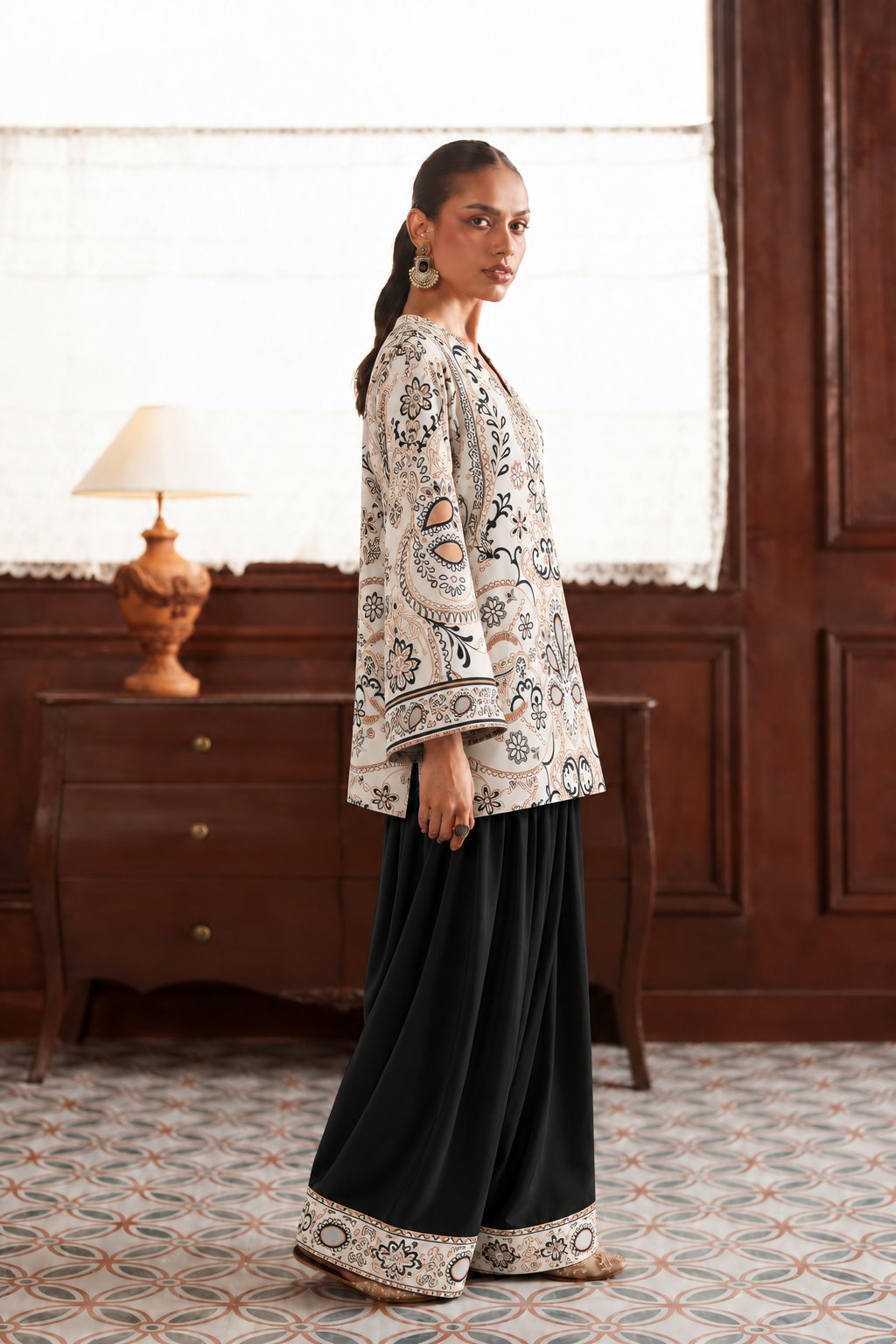 Ivory Black Floral Palazzo Farsi Salwar side view