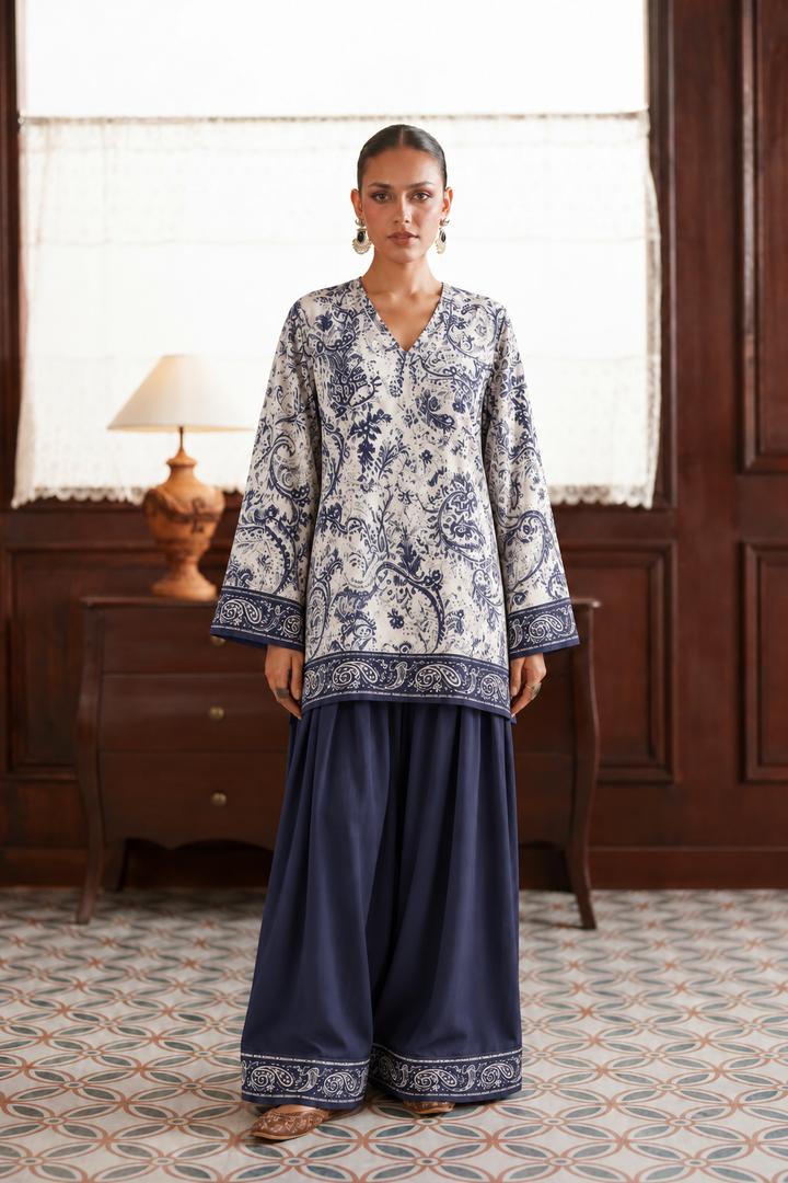 Ivory Indigo Floral Palazzo Farsi Salwar front view