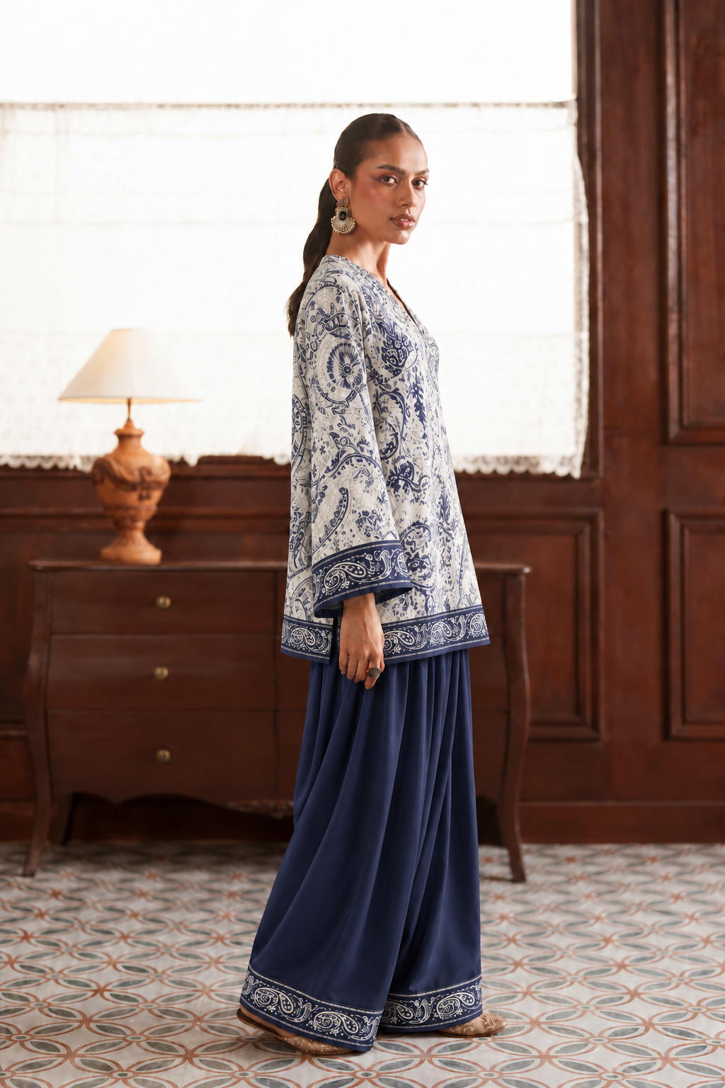 Ivory Indigo Floral Palazzo Farsi Salwar side view