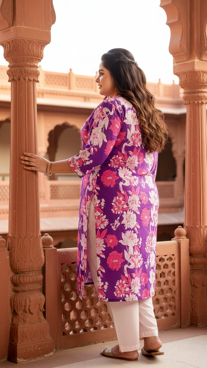 Plus Size Purple Floral Printed Kurta