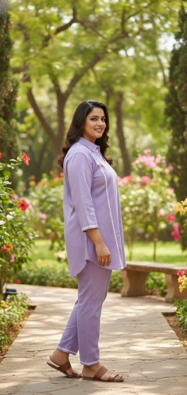 Plus Size Purple Solid Cotton Co-ord Set – Comfortable Everyday Wear for Women