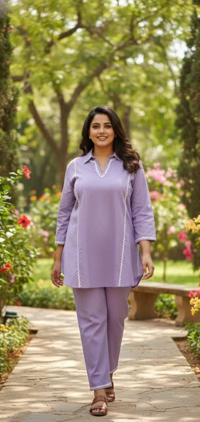 Plus Size Purple Solid Cotton Co-ord Set – Comfortable Everyday Wear for Women
