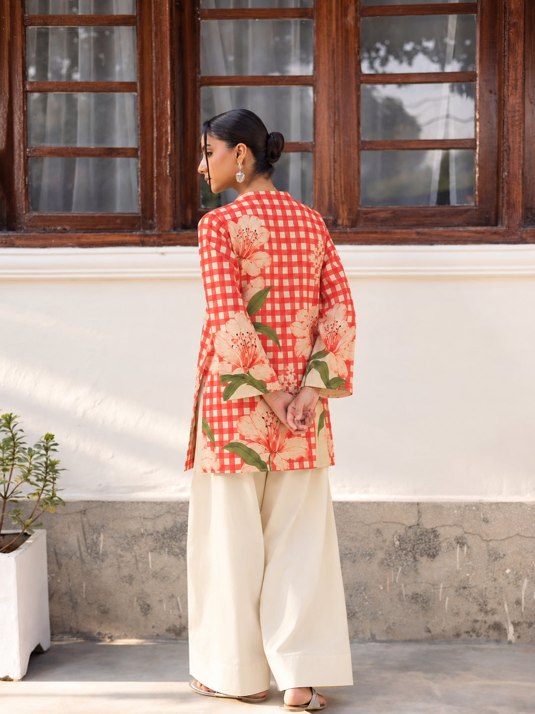 Coral Blossom Gingham Farsi Salwar back view