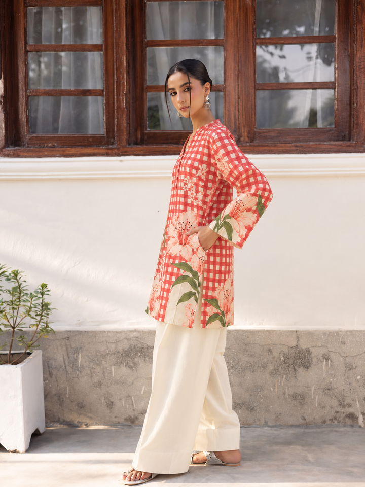Coral Blossom Gingham Farsi Salwar side view