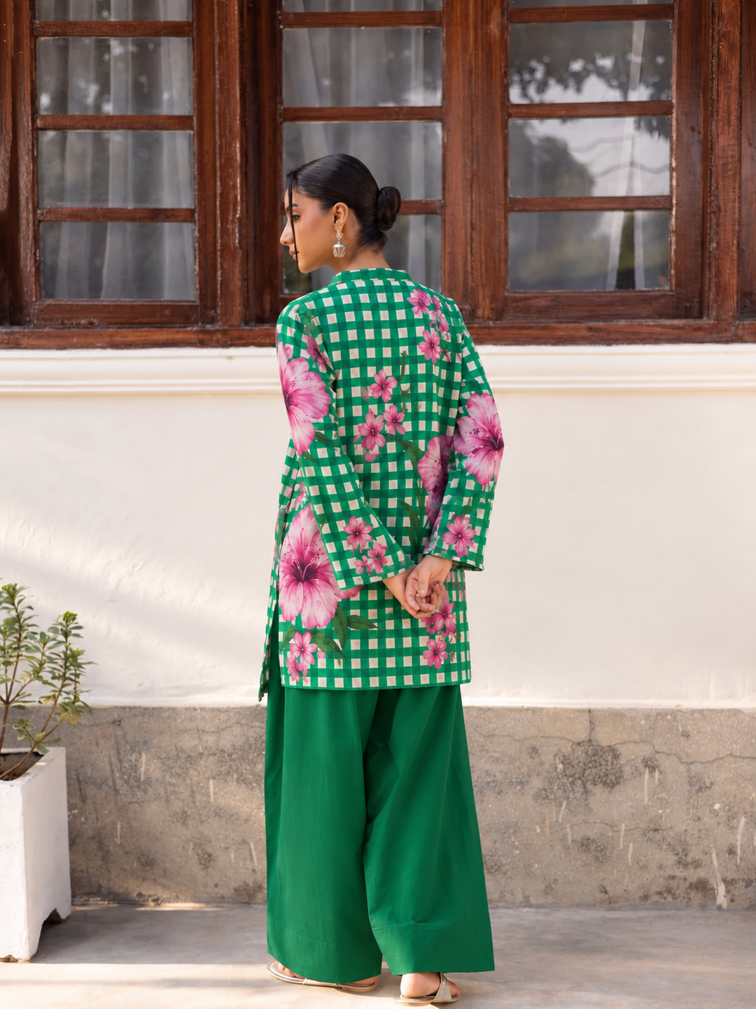 Emerald Hibiscus Gingham Farsi Salwar back view