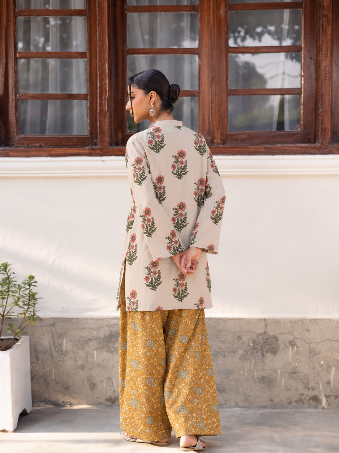 Ivory Floral Mustard Farsi Salwar back view