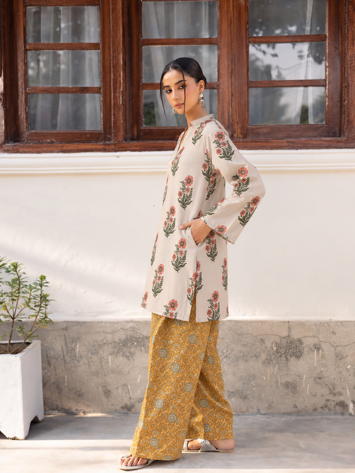 Ivory Floral Mustard Farsi Salwar side view