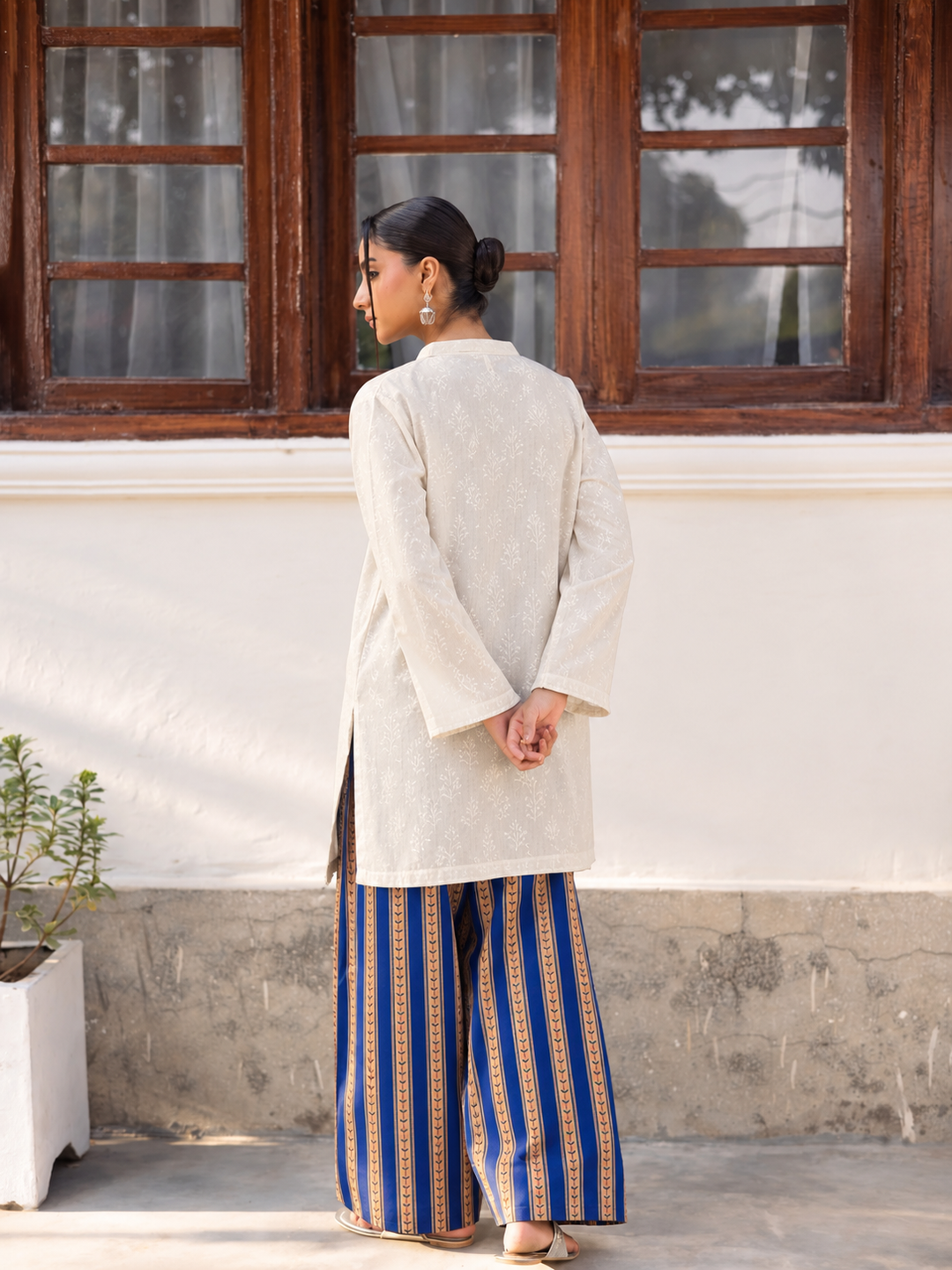 Ivory Midnight Stripe Farsi Salwar back view
