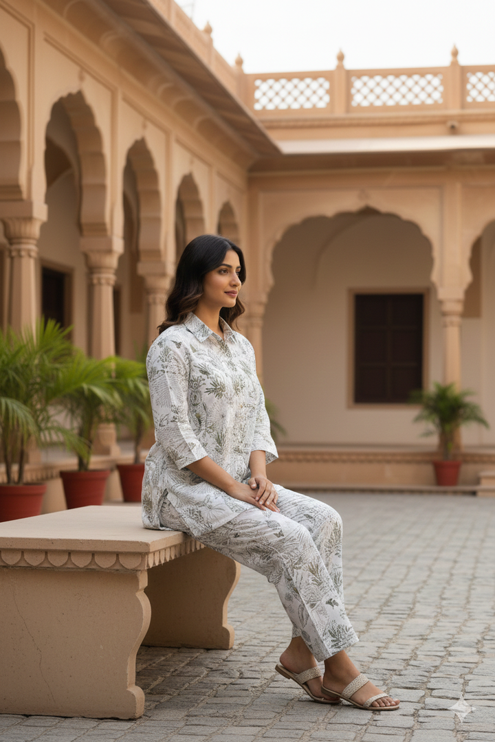 White & Gold Jungle Collared Cotton Lounge Co-Ord Set with 3 button