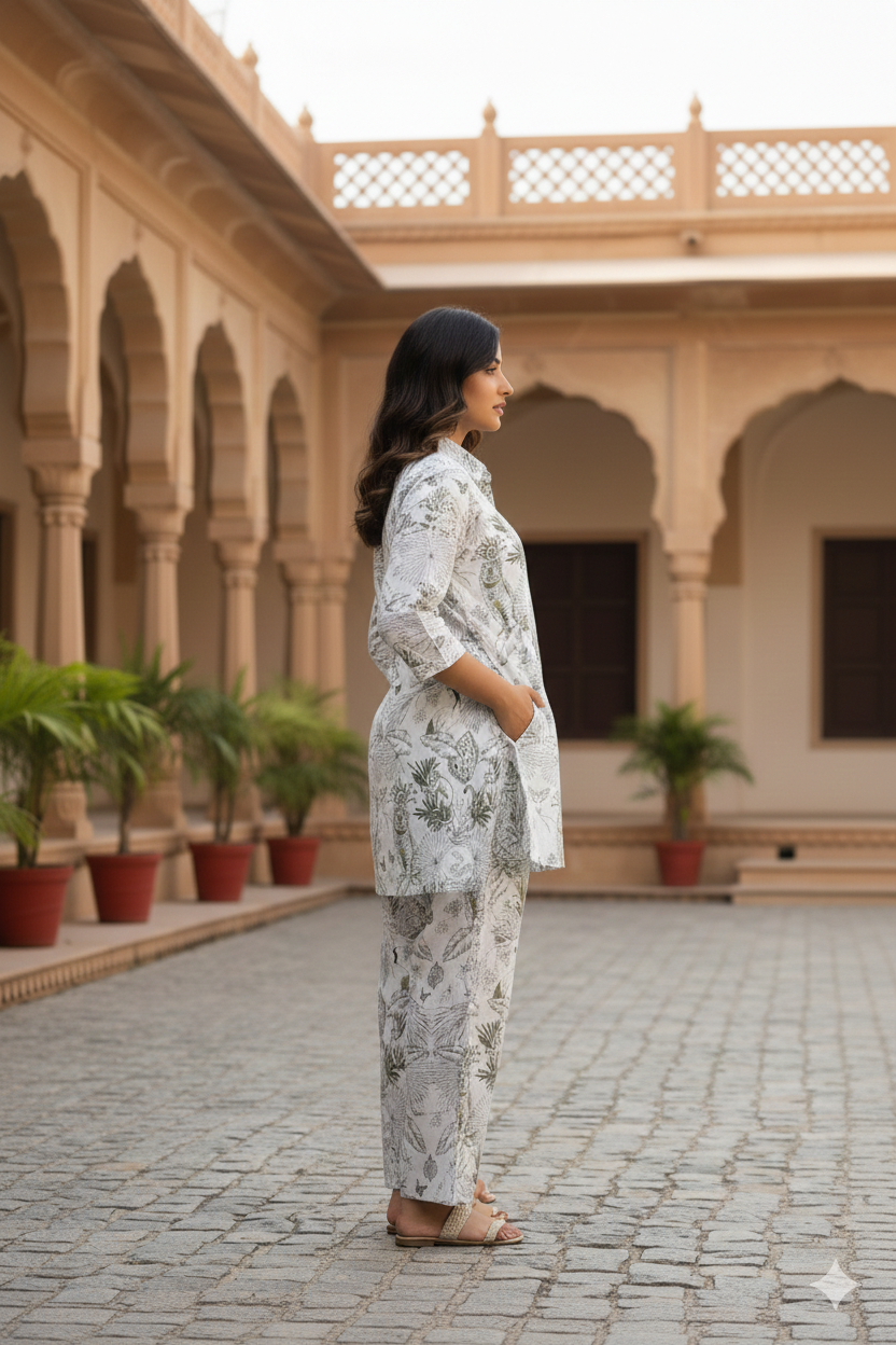 White & Gold Jungle Collared Cotton Lounge Co-Ord Set with 3 button