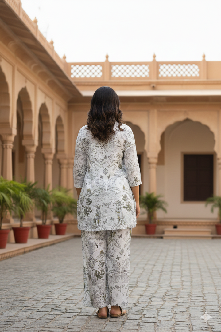 White & Gold Jungle Collared Cotton Lounge Co-Ord Set with 3 button