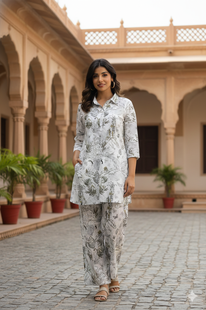 White & Gold Jungle Collared Cotton Lounge Co-Ord Set with 3 button