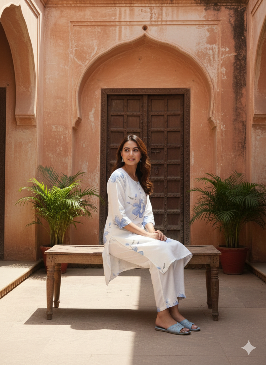 Elegant White & Blue Floral Kurta Set – Cotton Comfort