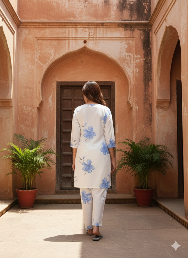 Elegant White & Blue Floral Kurta Set – Cotton Comfort