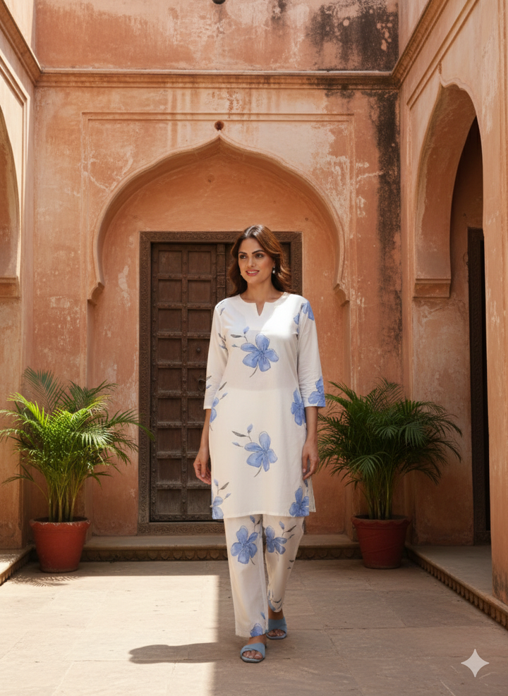 Elegant White & Blue Floral Kurta Set – Cotton Comfort