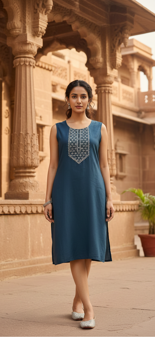 Teal Blue Sleeveless Straight Kurti with Embroidered Yoke