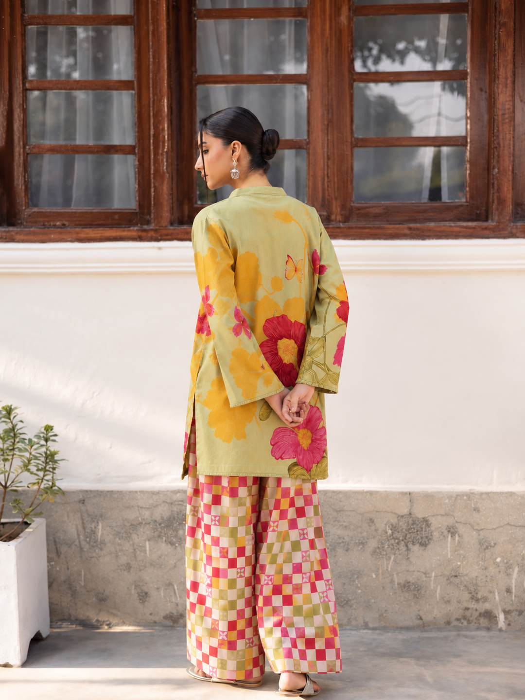 Lime Blossom Check Farsi Salwar back view