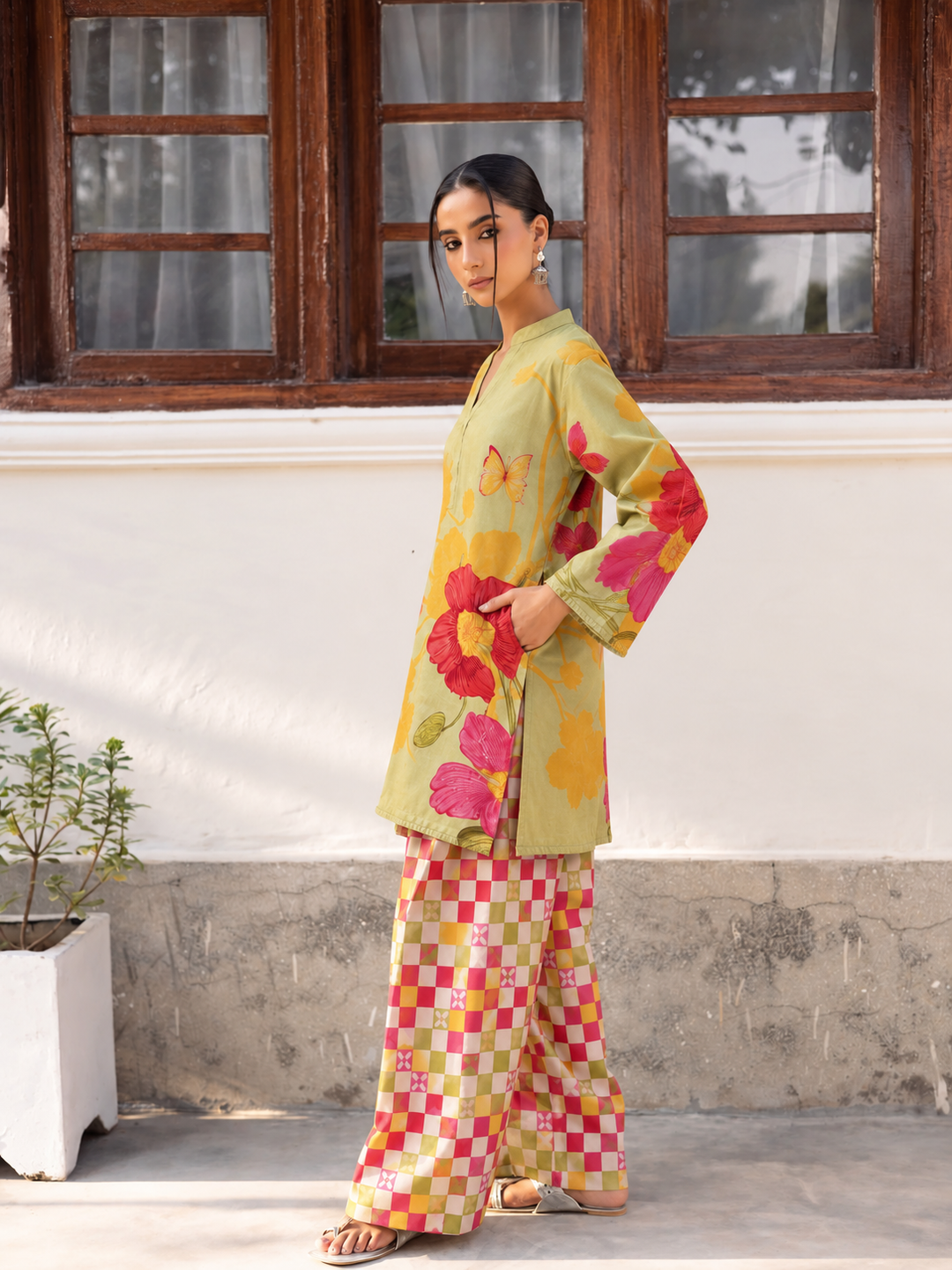Lime Blossom Check Farsi Salwar side view