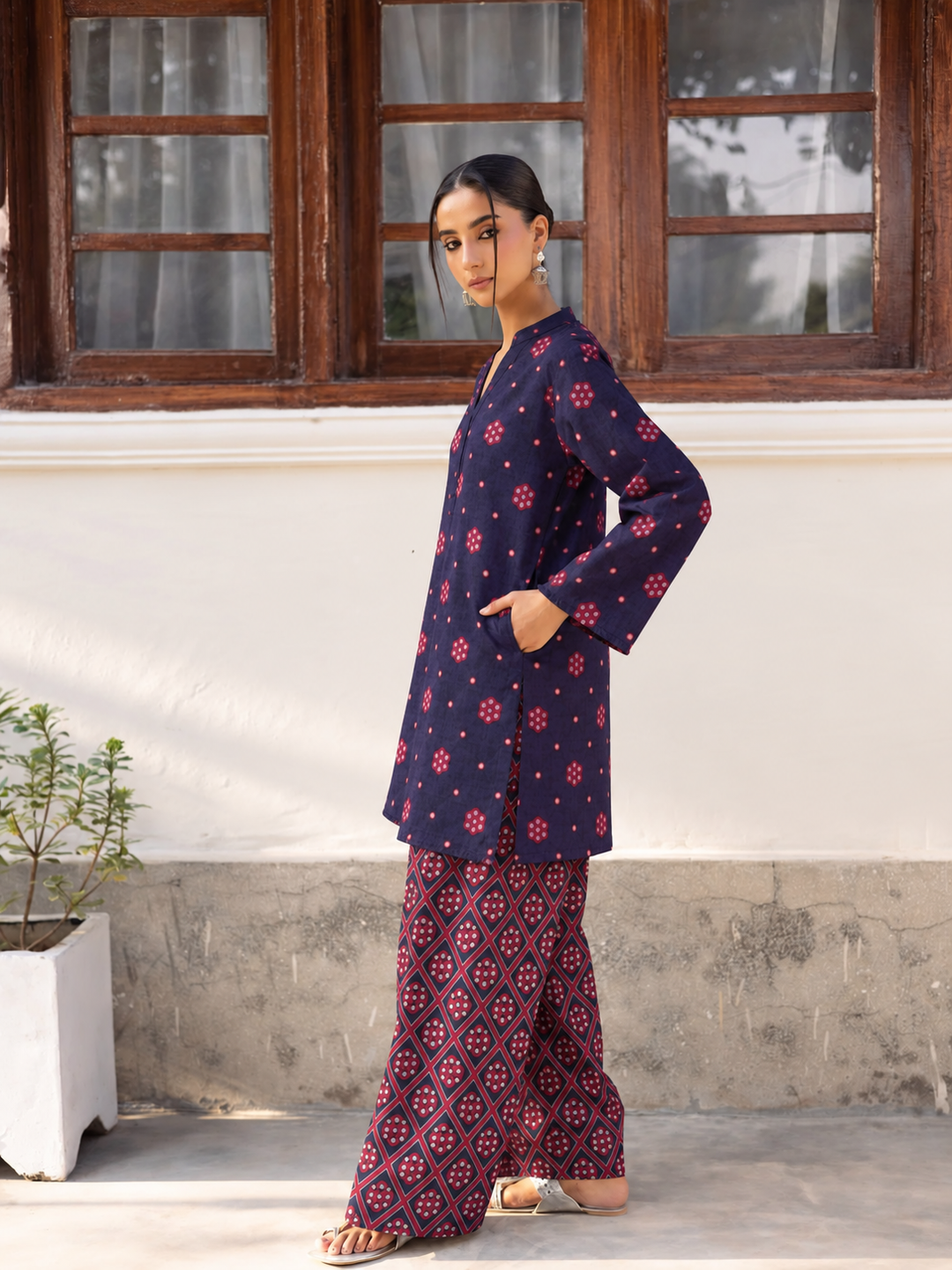 Navy Pink Blossom Farsi Salwar side view
