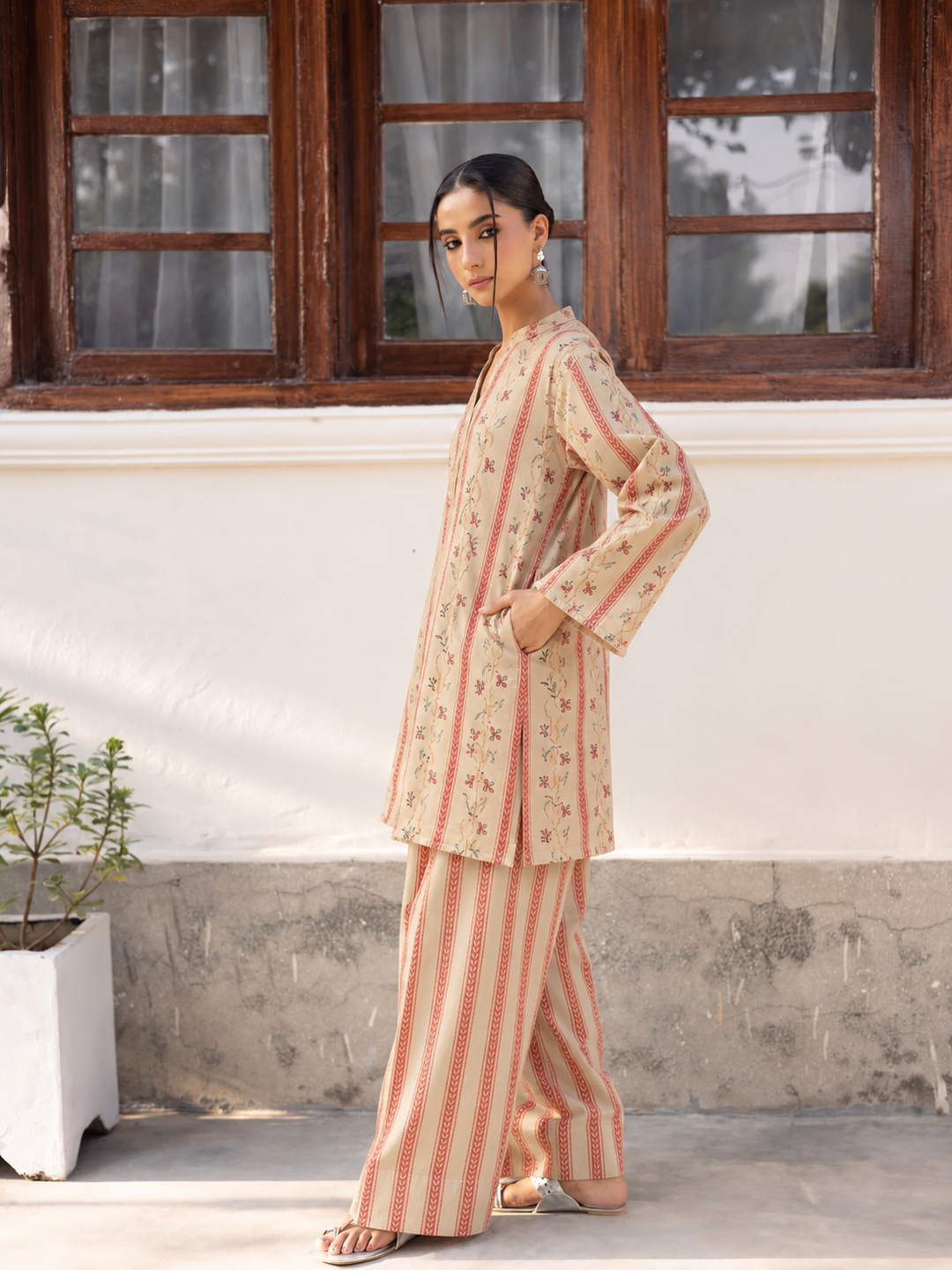Terracotta Botanical Stripe Farsi Salwar side view