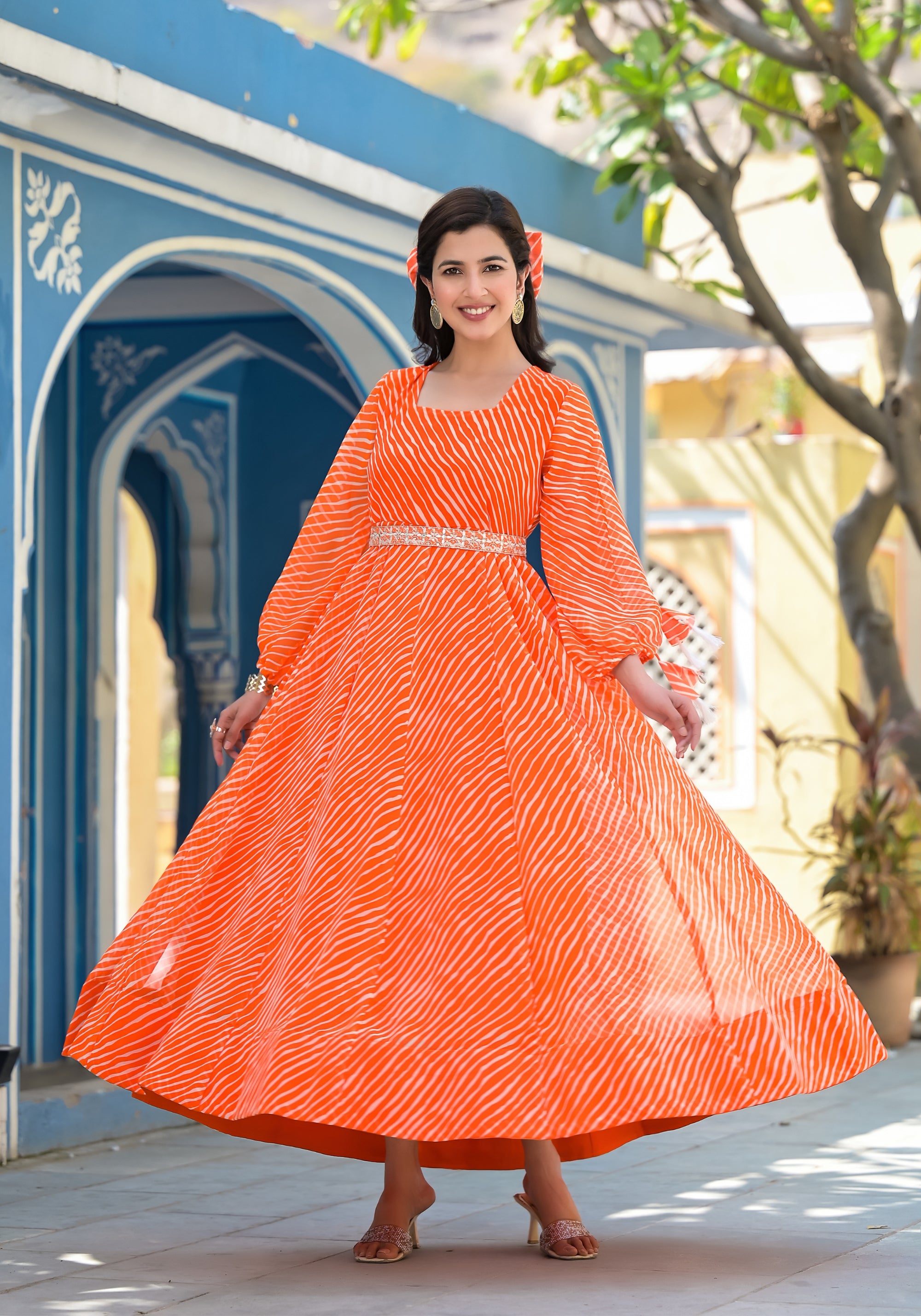 Orange Sequence Work Gown With Contrast Dupatta